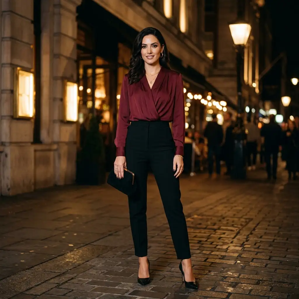 AI-generated dressy evening outfit with elegant styling and warm tones