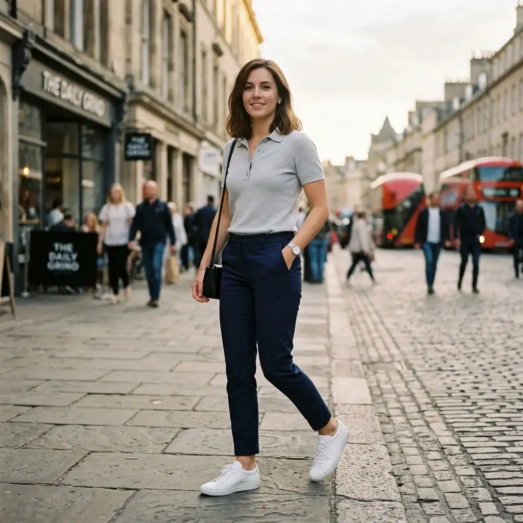 AI-generated smart casual outfit with tailored trousers and a soft knit top