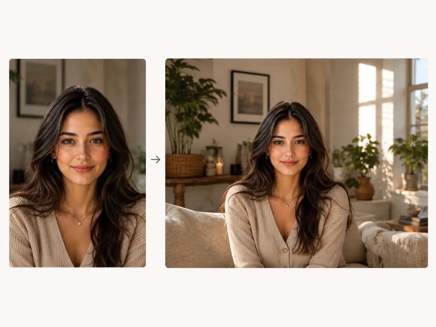 Original portrait photo with tight framing before outpainting and after outpainting showing preserved facial details and natural background continuation