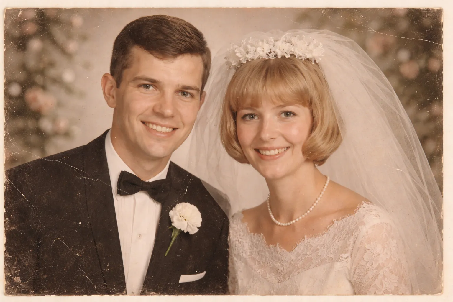 Damaged family photo with scratches before AI restoration