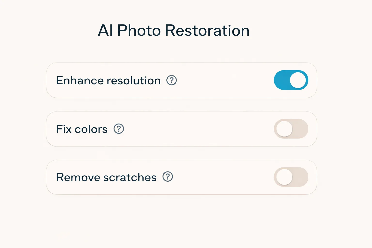 AI photo restoration interface showing enhance resolution, fix colors, and remove scratches toggles