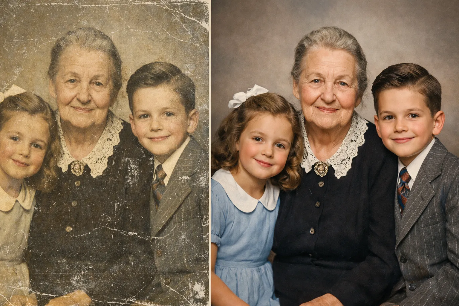 Before and after comparison of AI photo restoration on a vintage family portrait
