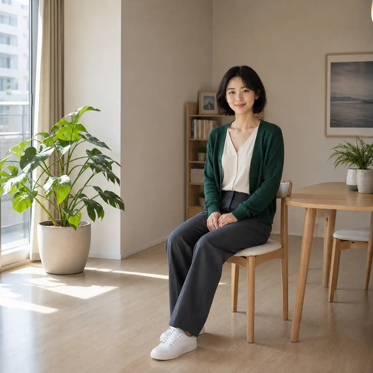 Same person reposed to a seated position with identity, outfit, and background preserved
