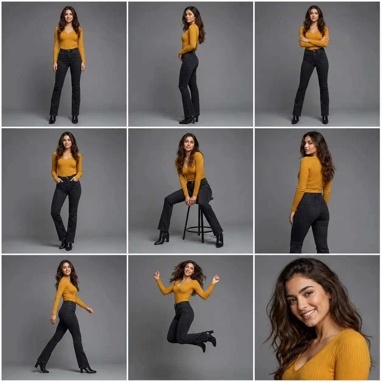 Nine studio portraits of the same model demonstrating standing, seated, walking, jumping, and close-up pose presets