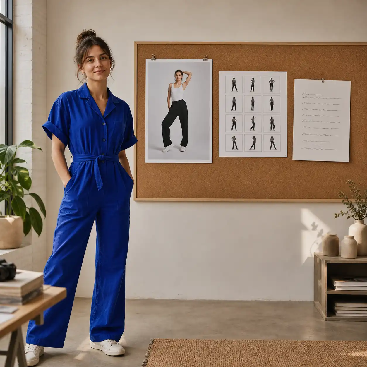 Creator beside a pose reference photo, nine-pose contact sheet, and written pose notes on an inspiration board