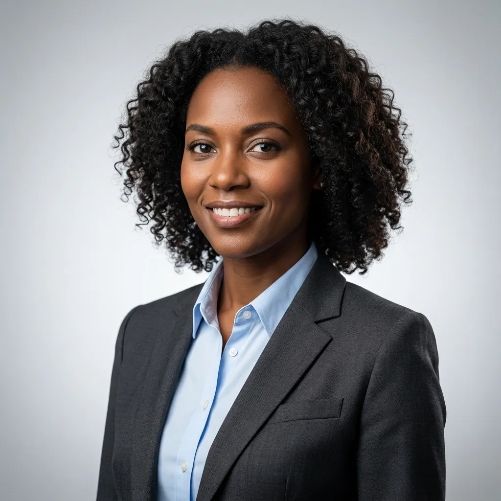 Corporate headshot with customized navy suit and studio backdrop created by AI