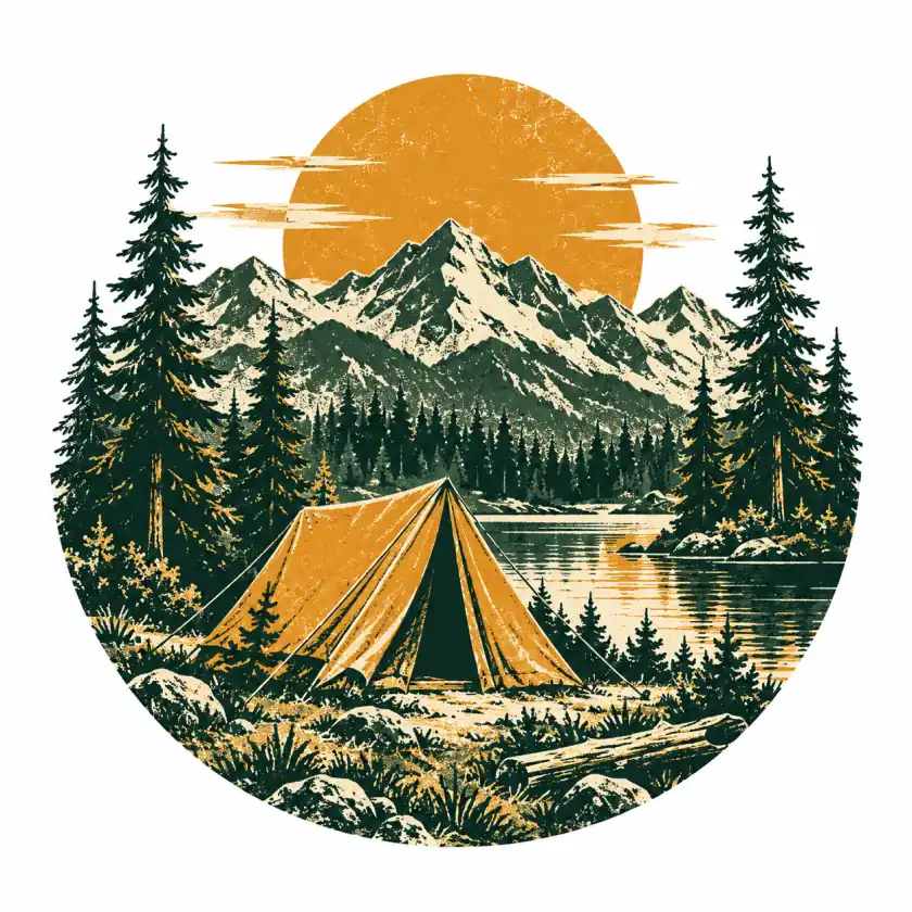 Vintage tent and pine tree camping emblem on white