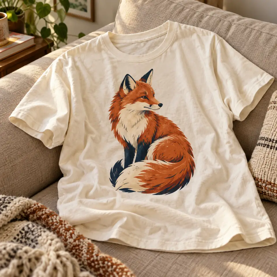 Casually placed cream shirt with an orange and navy fox print
