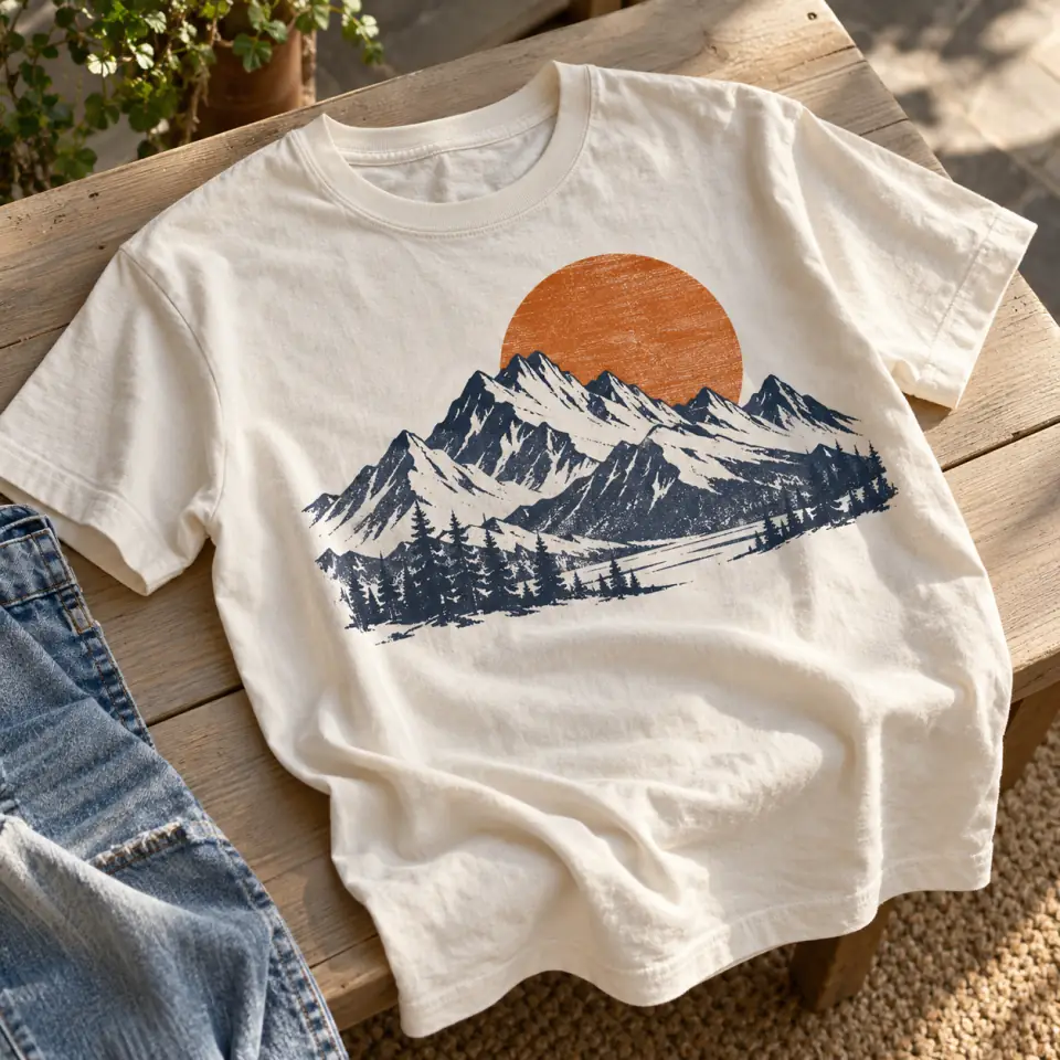Casually laid cotton shirt with a navy mountain and orange sunrise print