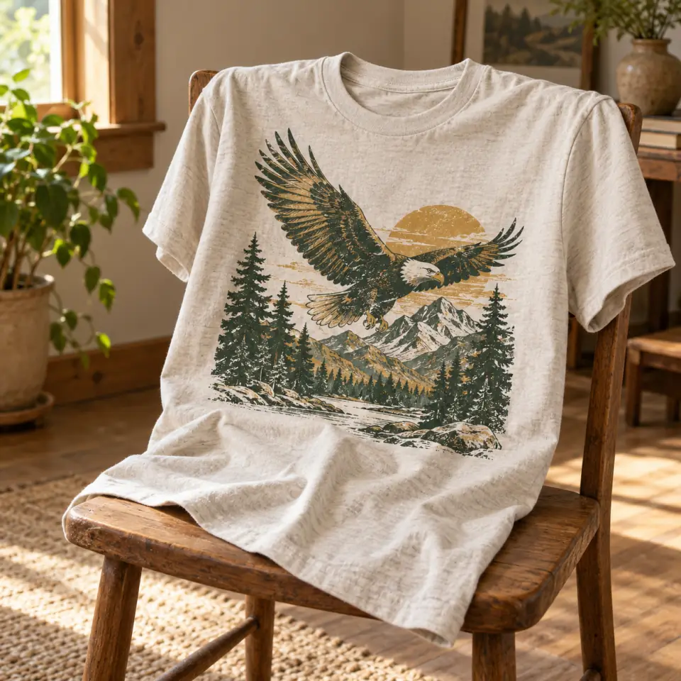 Casually draped shirt with a vintage eagle and mountain print