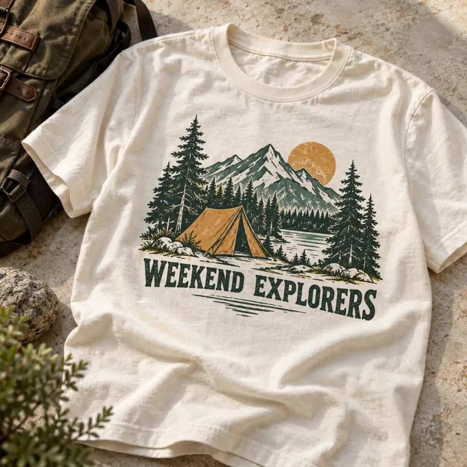 Casually laid shirt with a WEEKEND EXPLORERS camping emblem