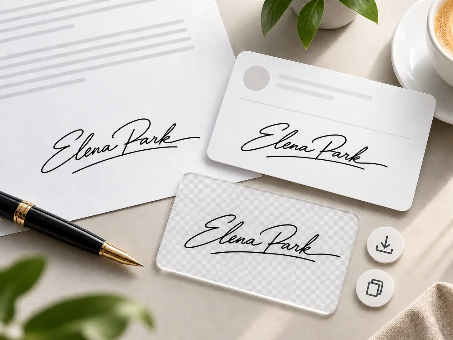Elena Park signature shown on a document, an email footer card, and a transparent checkerboard card with download and copy symbols