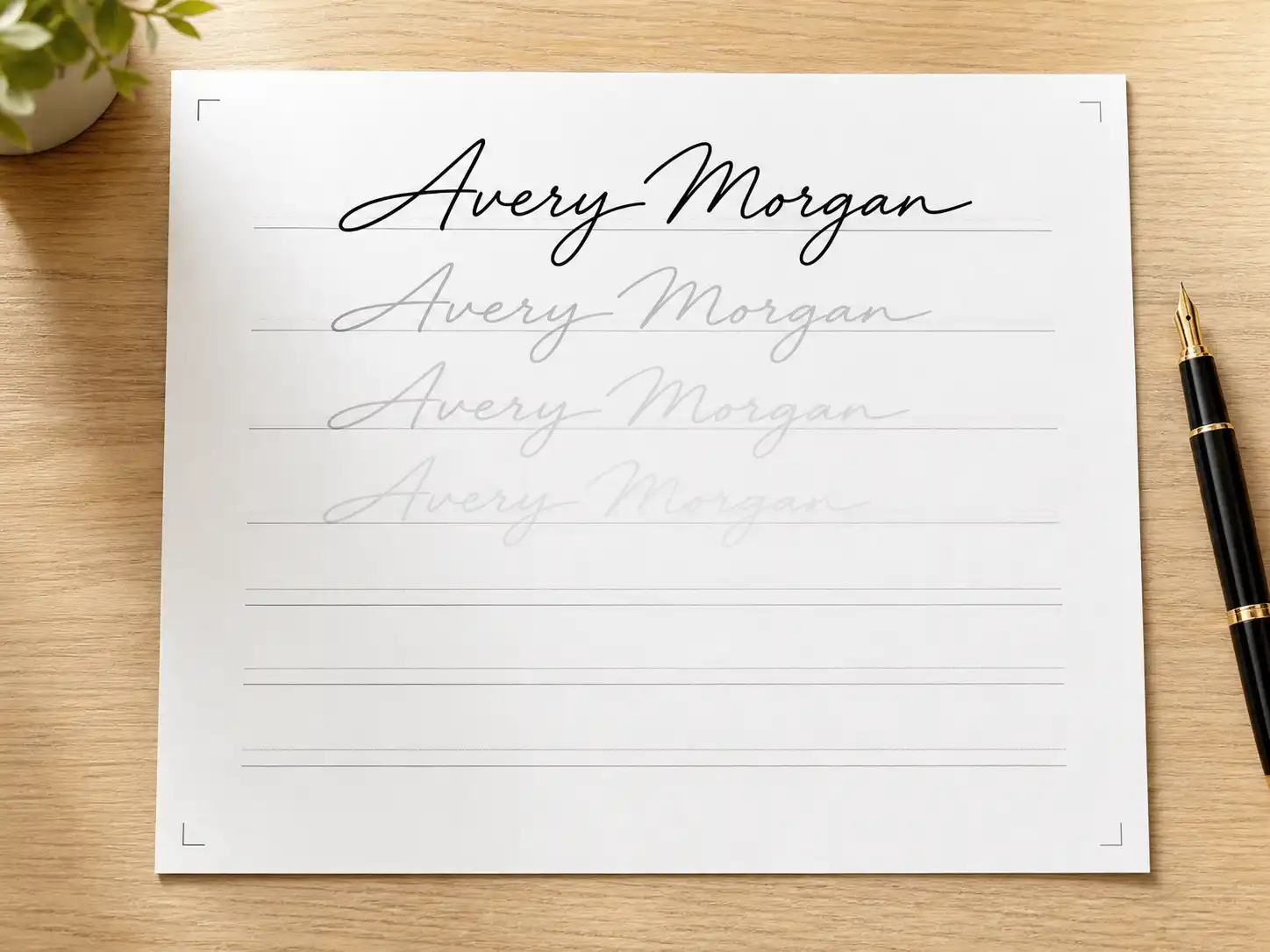 Avery Morgan signature practice sheet with a full-strength example, faded tracing rows, and blank guide lines