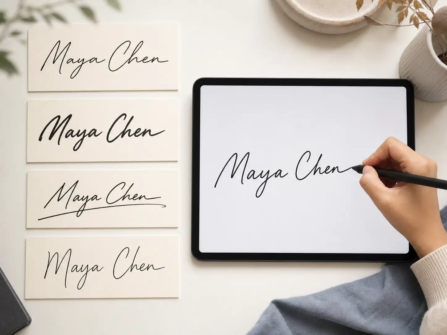 Four typed Maya Chen signature styles beside a hand drawing the signature with a stylus on a tablet