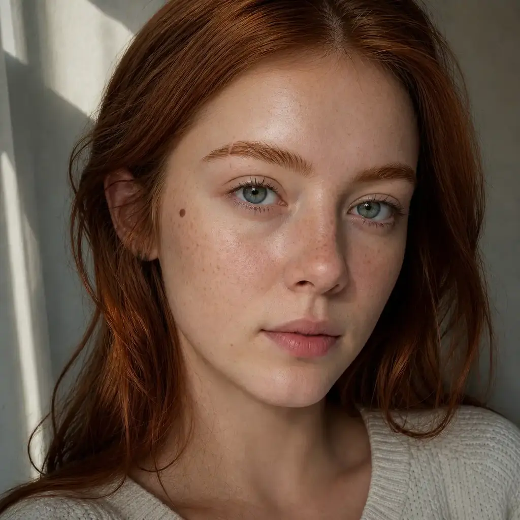 Same portrait after AI skin enhancement with freckles, moles, and skin character fully preserved