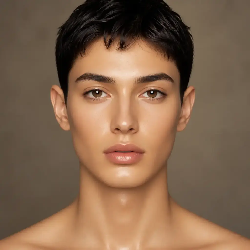 AI-generated portrait with plastic, waxy skin texture lacking natural detail