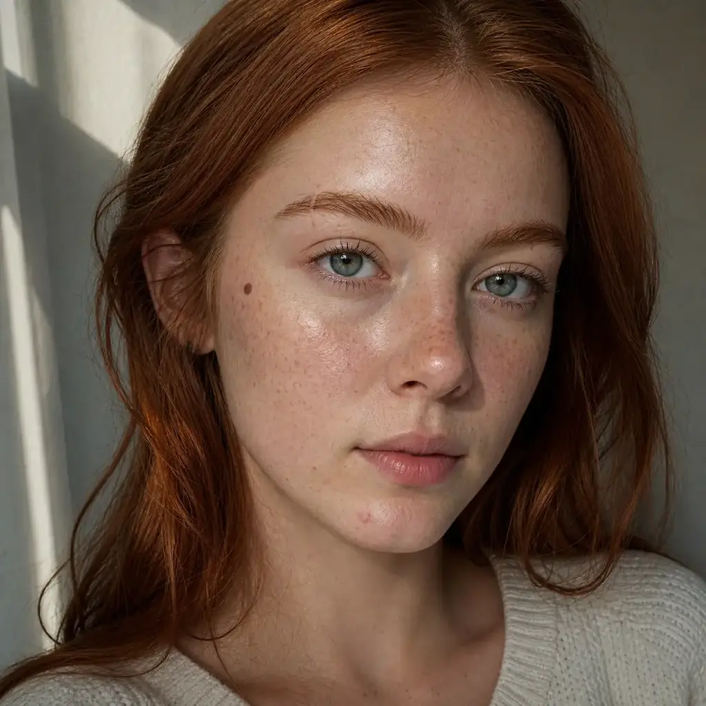 Close-up portrait with freckles, moles, and natural skin character before enhancement