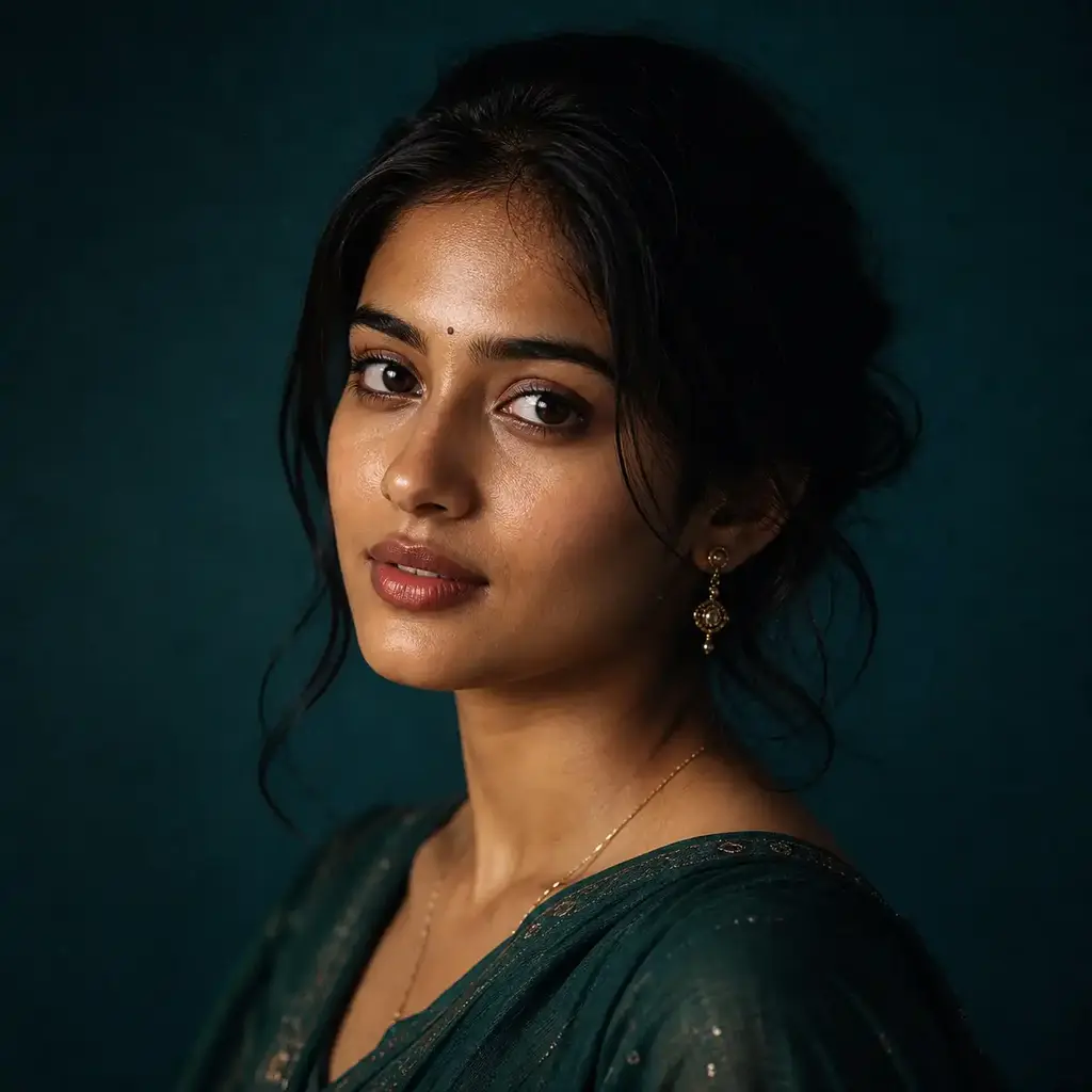 South Asian woman in a teal studio portrait with realistic pores and natural skin microtexture