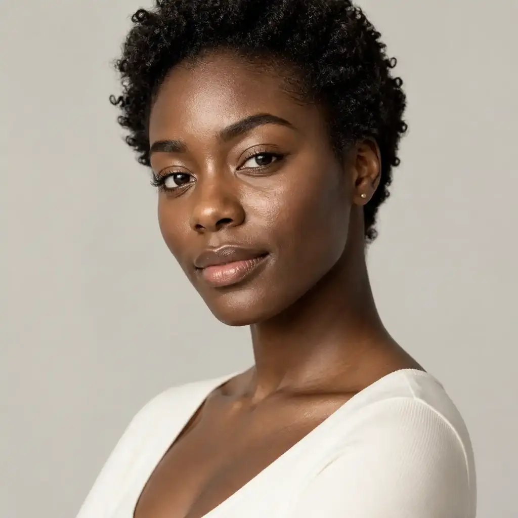 Three-quarter studio portrait with natural skin texture and controlled highlights