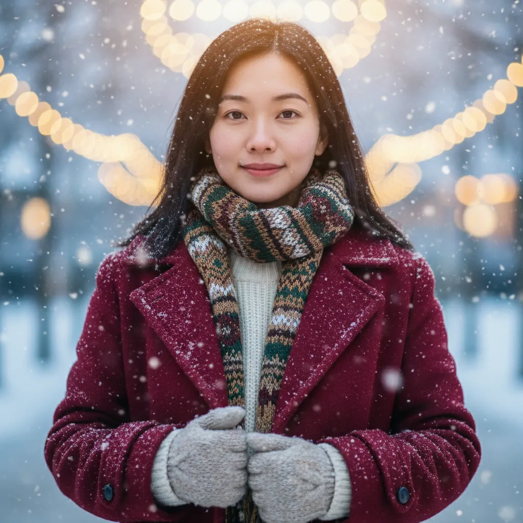 AI snow photo of a couple in winter clothing with warm holiday lighting and falling snow, demonstrating the Holiday Glow style preset that creates festive, romantic winter scenes