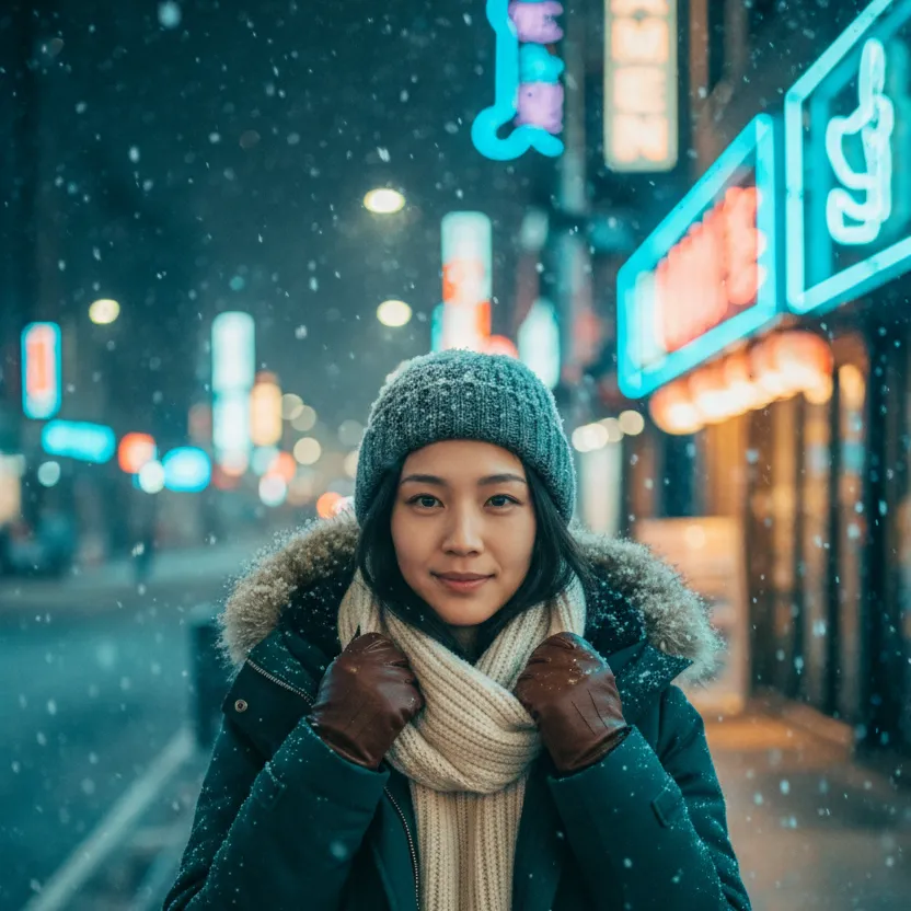 Urban night winter portrait created with AI snow photo generator showing city street atmosphere with neon lights, heavy snowfall, and modern street photography aesthetic