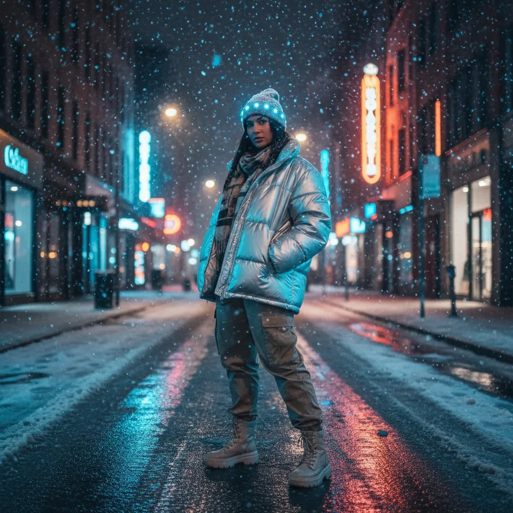 AI-generated portrait of a fashion creator on a snowy city street at night with neon signs and reflections, showing how influencers can use the AI snow photo generator for dramatic urban winter content.