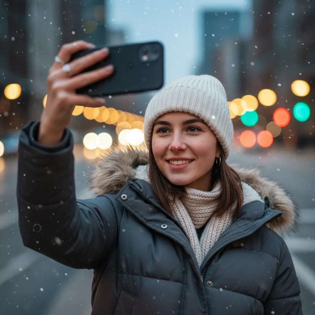 AI-generated winter selfie of a woman in a beanie and coat taking a portrait in falling snow with soft cinematic lighting, showing how the AI snow photo generator can create social media ready snow photos.