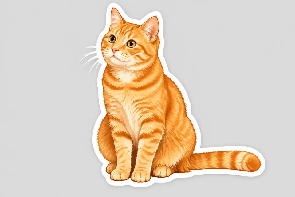 Cartoon orange tabby sticker with a white border on a light-gray background