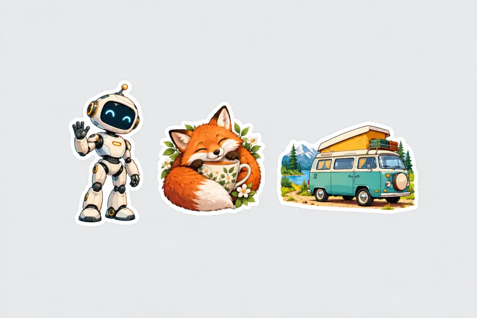 Portrait robot, square fox-and-teacup, and landscape camper-van sticker examples