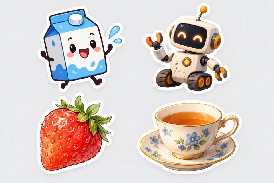 Sticker illustrations comparing bold Cartoon contours, rounded Kawaii forms, Hand-drawn lines, and shaded 3D styling