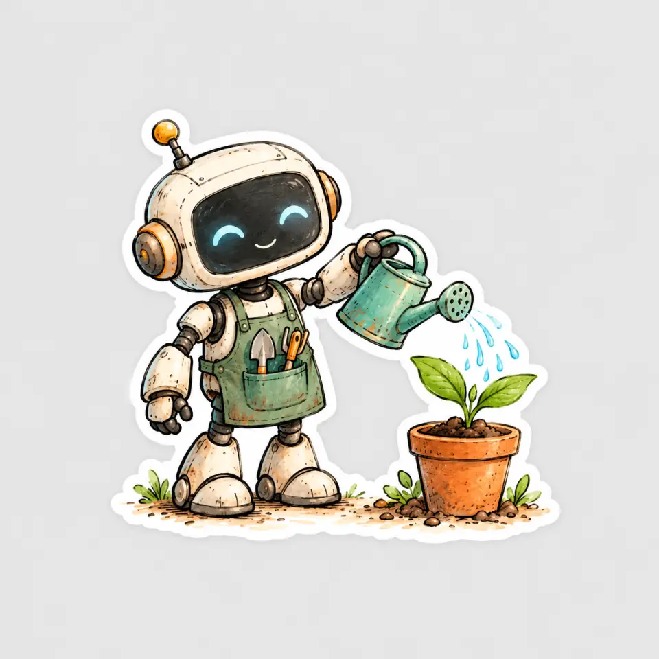 Hand-drawn gardening robot sticker holding a watering can