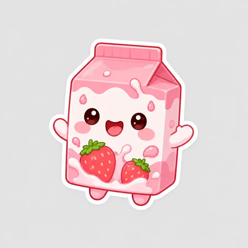 Kawaii strawberry milk carton sticker with a smiling face