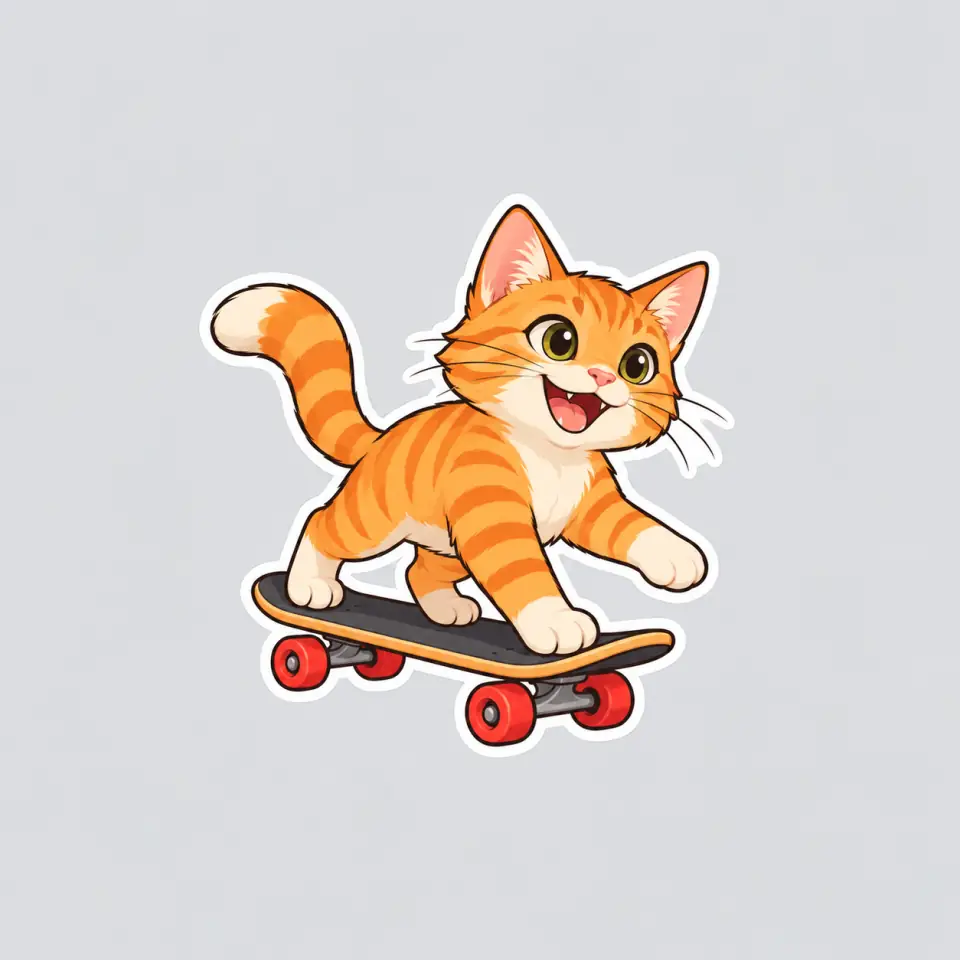 Cartoon orange tabby cat sticker riding a skateboard