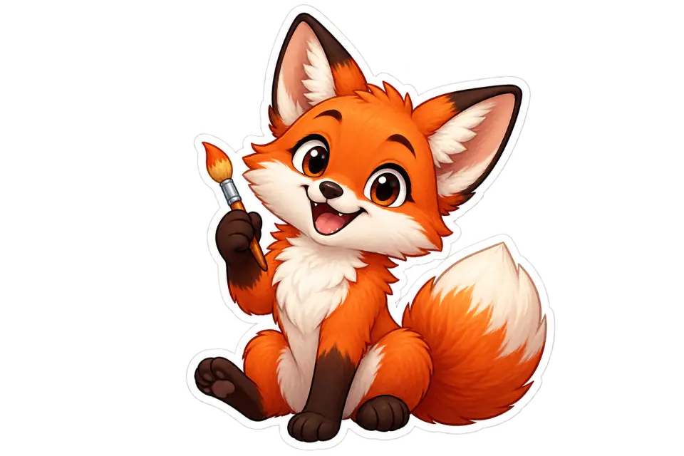 Cartoon fox sticker with a white die-cut border and transparent background