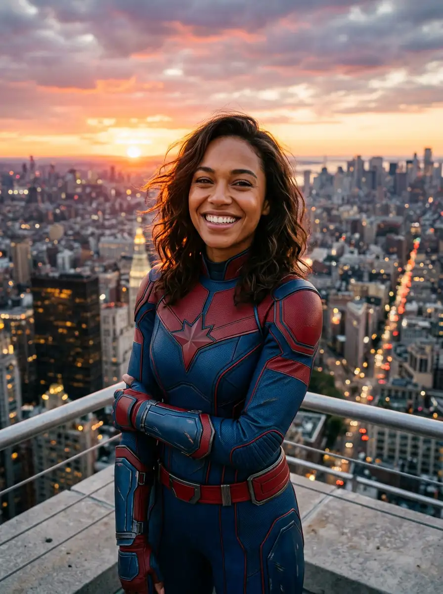 Cinematic superhero portrait preview with a realistic face and sunset city backdrop