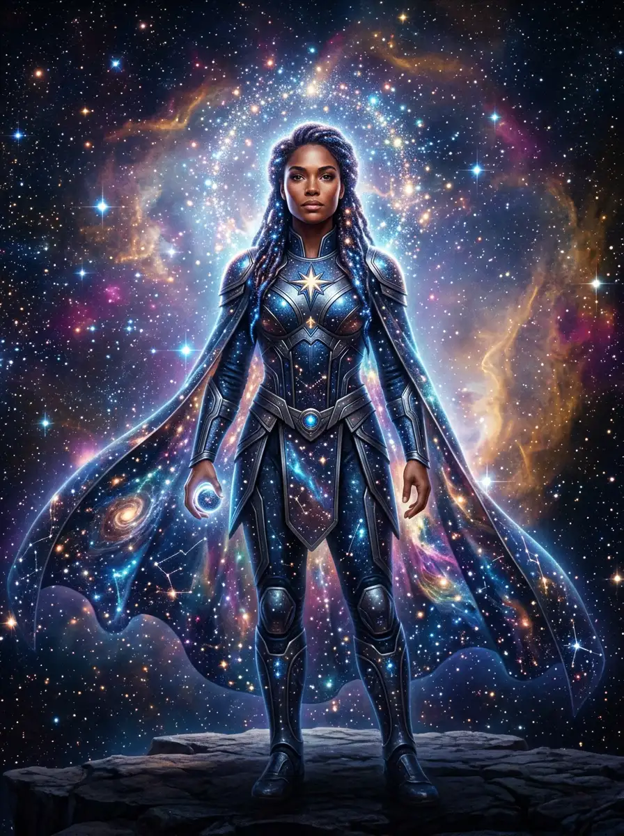 Cosmic guardian superhero portrait preview with a glowing aura and nebula background