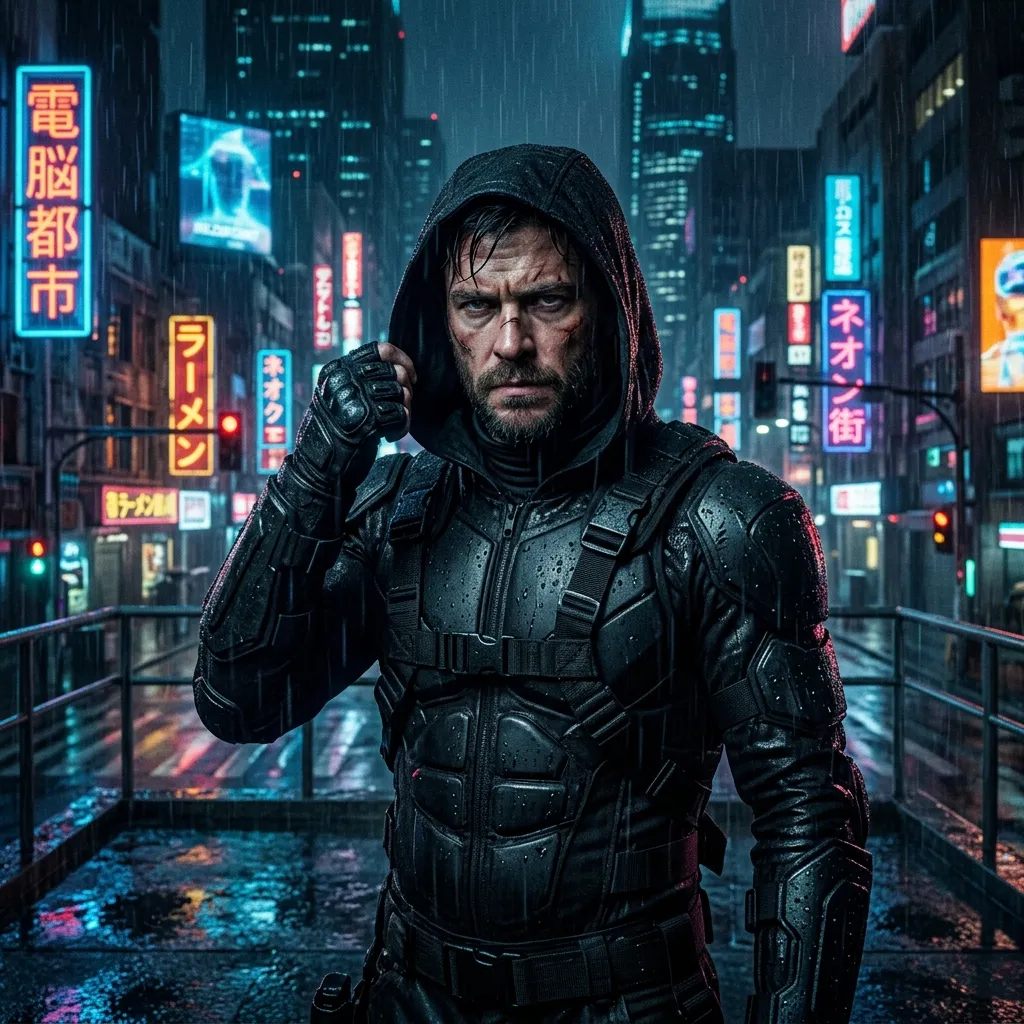 Dark vigilante superhero portrait preview with black armor and a rainy neon city background