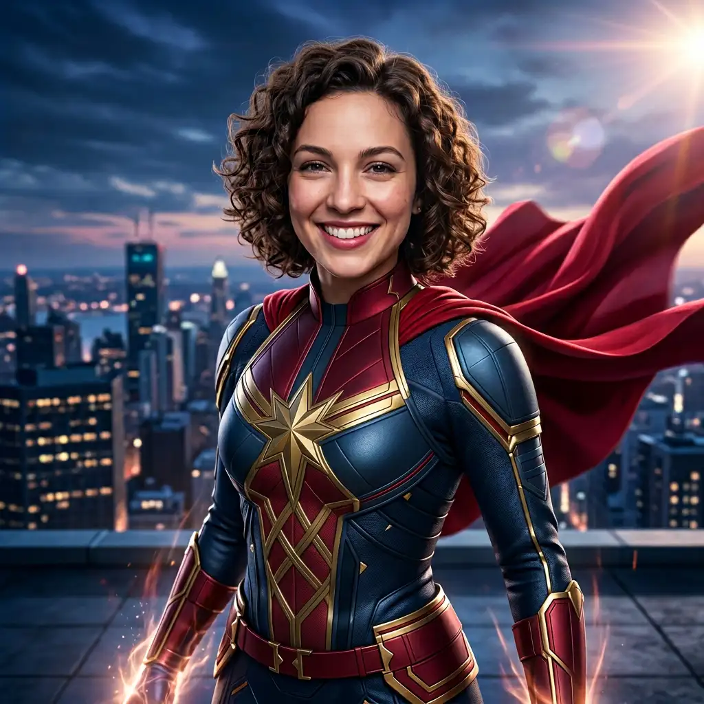 AI-generated superhero portrait preserving the original face with a hero costume and dramatic lighting