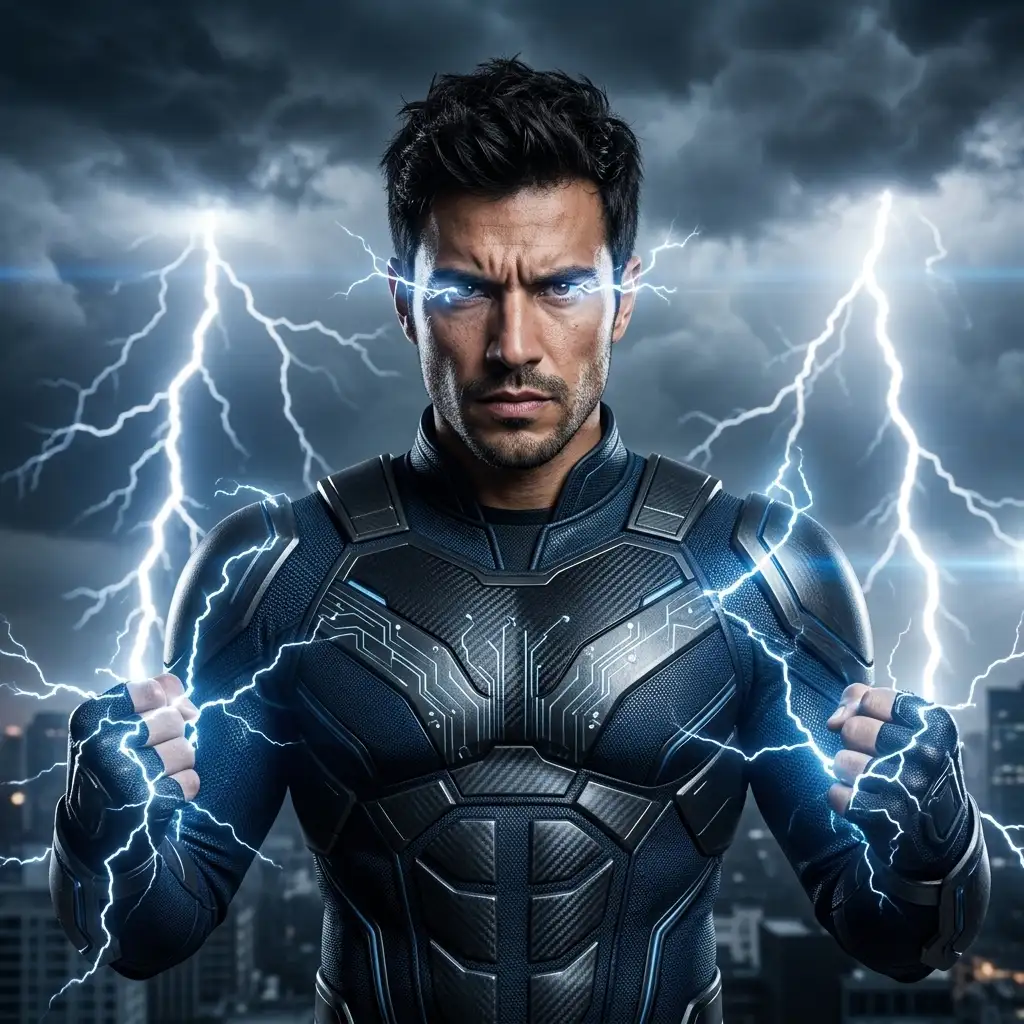 Superhero portrait at Bold intensity showing dramatic suit, power effects, and cinematic background