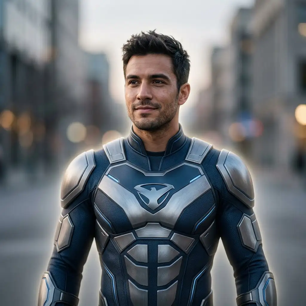 Superhero portrait at Subtle intensity showing gentle costume overlay with strong facial likeness