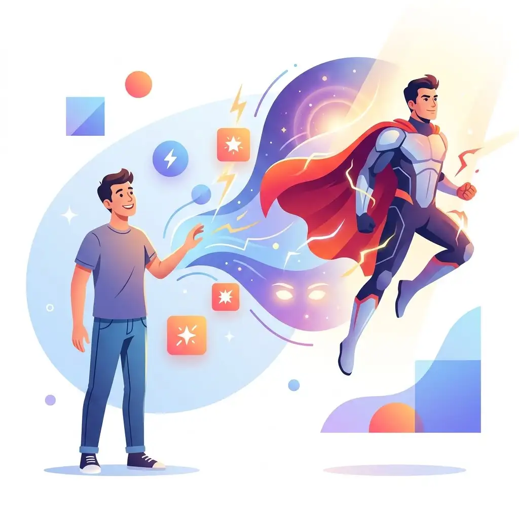 Abstract illustration of a person transforming into a comic-style hero with simple floating creative effects.
