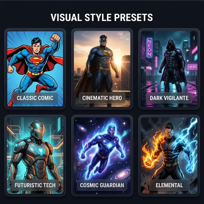 Curated hero style preset cards in the AI superhero generator showing Classic Comic, Cinematic Hero, Dark Vigilante, Futuristic Armor, Cosmic Guardian, and Elemental Hero options
