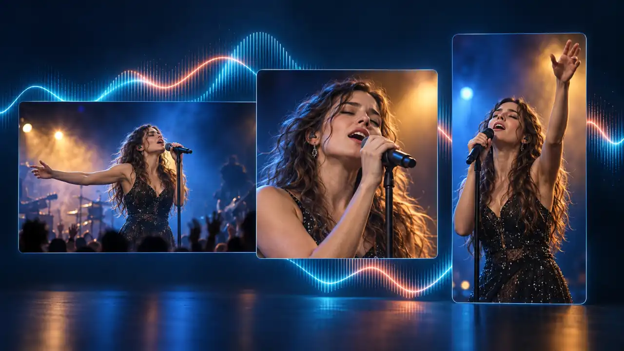 The same vocalist framed in landscape, square, and portrait formats with a synchronized waveform