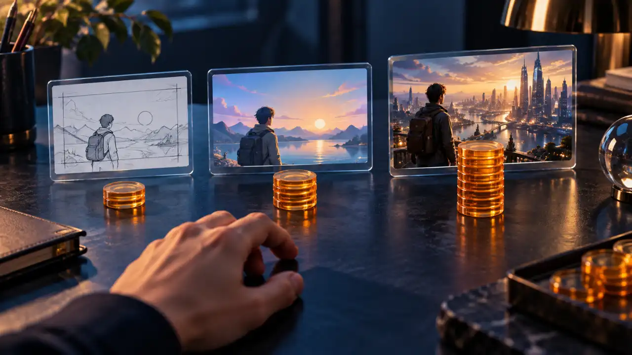Three increasingly detailed video concepts paired with clearly visible stacks of credit tokens