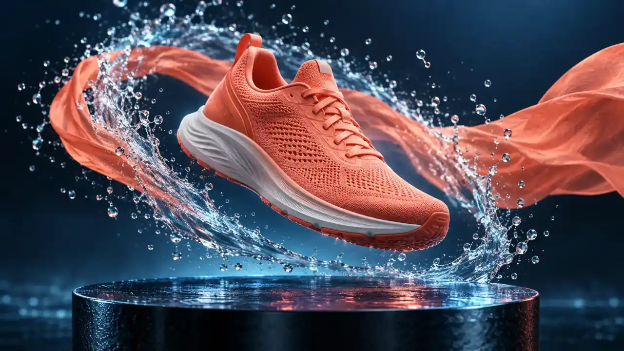 Coral running shoe surrounded by sweeping water and fabric in an animated product frame