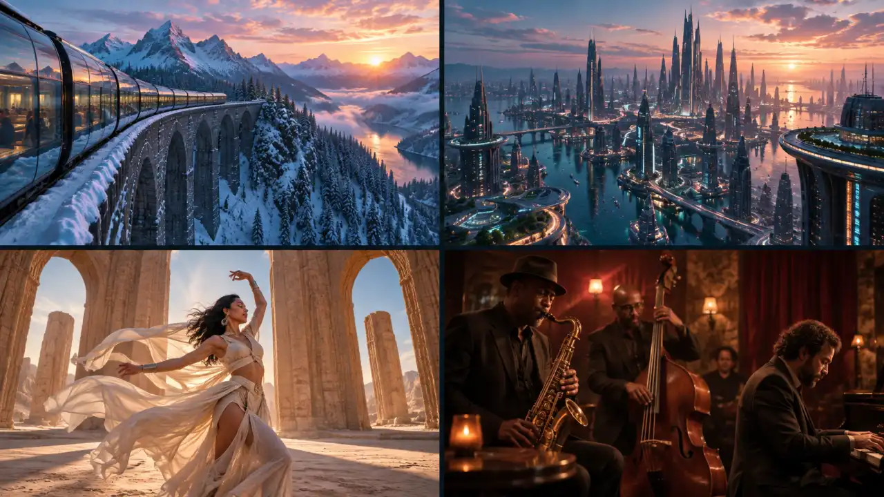 Four cinematic AI video results showing a snowy train, future city, desert dancer, and jazz trio