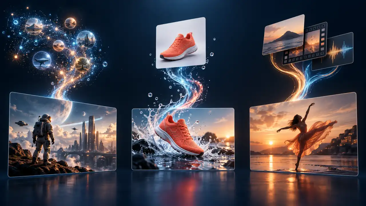 Text, image, and mixed-reference workflows producing an astronaut scene, animated shoe, and dancer
