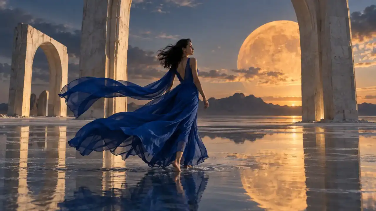 Dancer in a flowing blue dress crossing reflective flats beneath stone arches and a giant moon