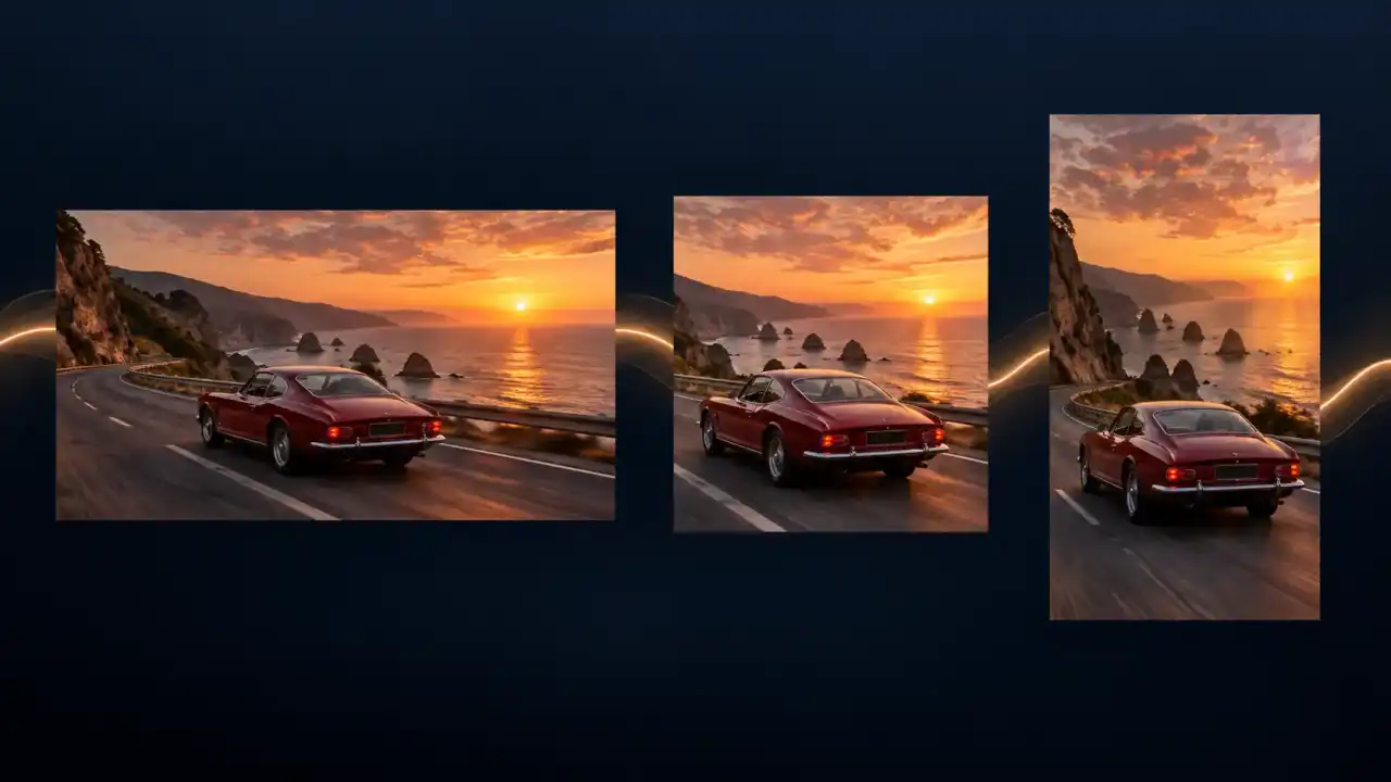 The same red coupe framed in landscape, square, and portrait video formats