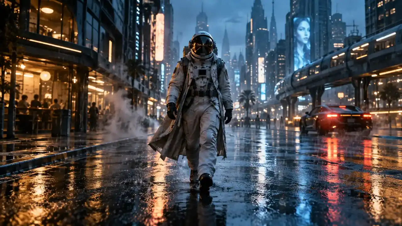 Astronaut walking through a rain-soaked futuristic city in a cinematic AI video frame